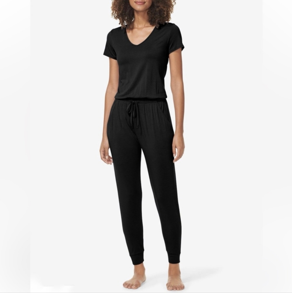 Tommy John Short Sleeve Lounge Jumpsuit Womens L Black V-Neck Relaxed